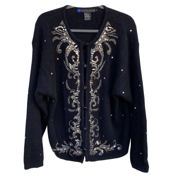 IB Diffusion Vintage Cardigan  Sequined Silk, Angora, Lambswool & Nylon Sz Large - Picture 2 of 8